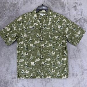 Reyn Spooner Uniqlo Mens Medium Olive Green Sailboat Palm Tree Camp Shirt 444646